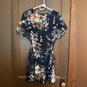 SHEIN Black Floral Midi Dress with Tie Waist